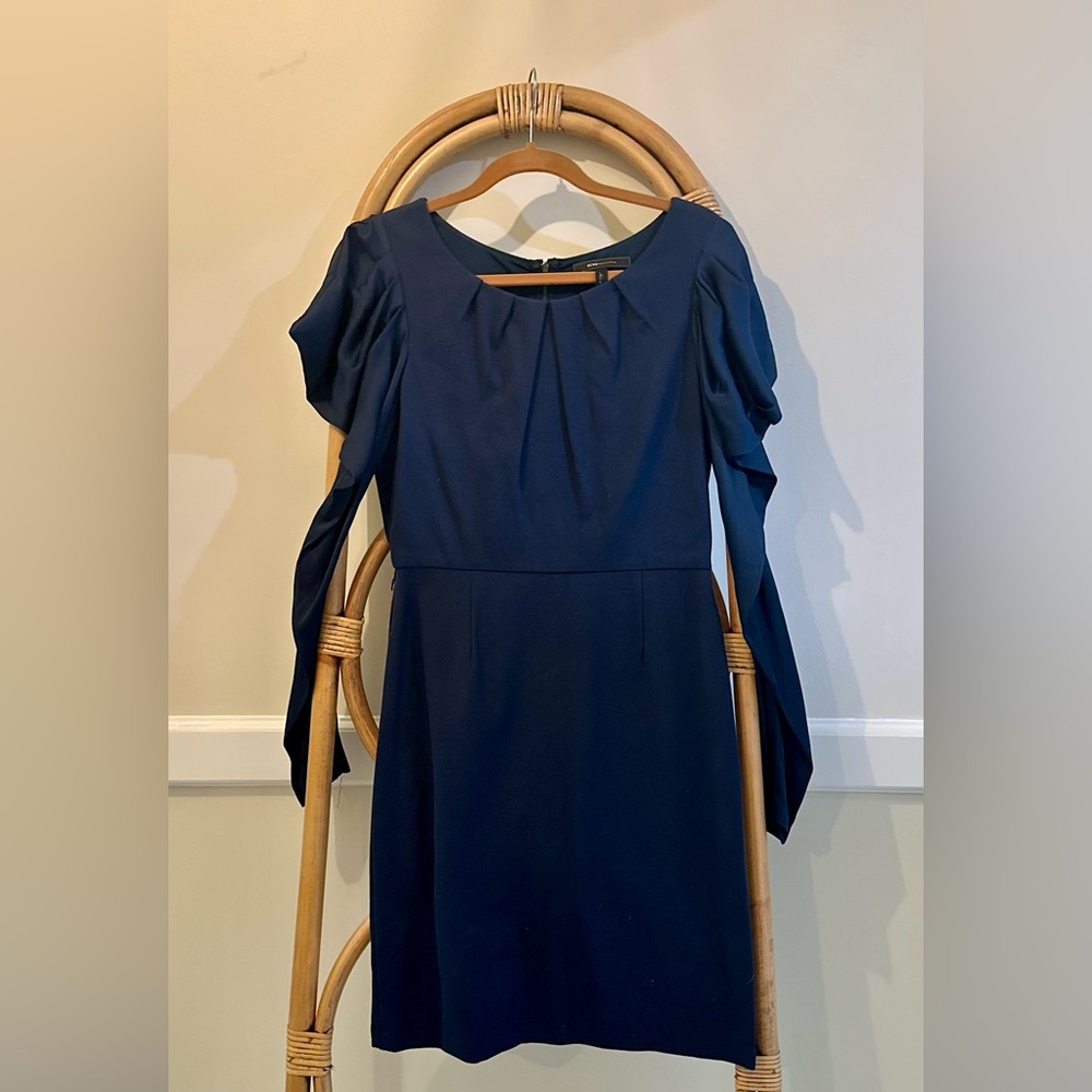 BCBG Max Azria Navy Lined, Fitted Dress with Exaggerating Silky Sleeves